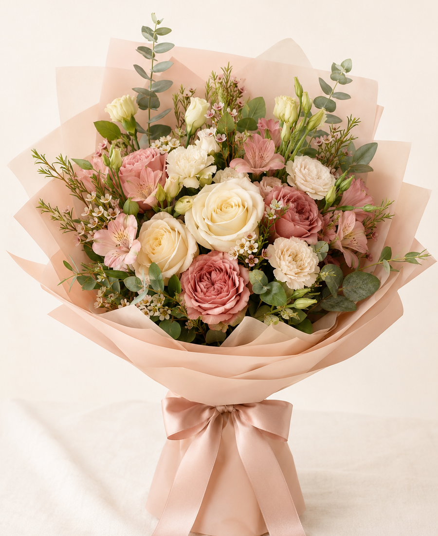 Ramo de flores en tonos suaves con envoltorio elegante